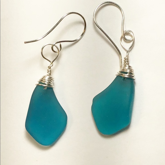 Blue Sea Glass / Beach Glass earrings, 2.25”, New - Picture 2 of 4